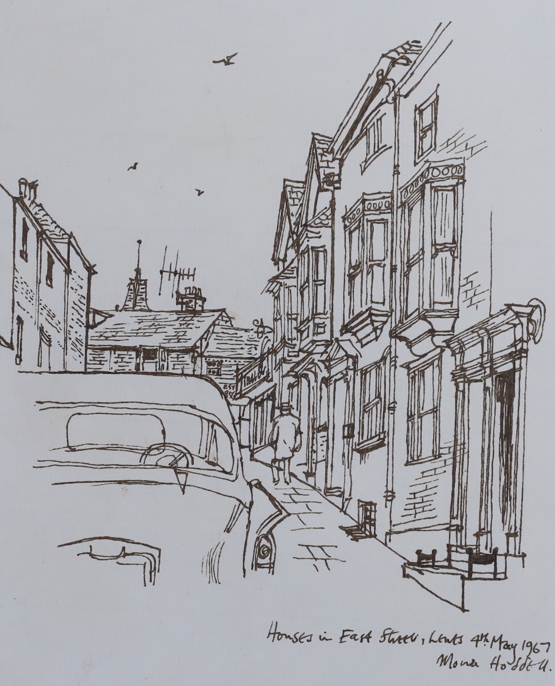 Moira Hoddell, two ink and watercolours, Star, News and Standard and The Thames at Kew, together with an ink sketch of houses in East Street, Lewes, each signed and inscribed, largest 36 x 26cm